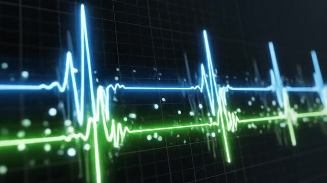 A captivating closeup of vibrant blue and green waveforms pulsating across a dark grid, symbolizing digital signals and technological advancements