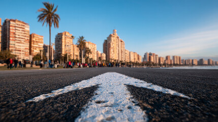 A white arrow is drawn on a black road in front of a city