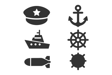 Nautical icons: captain hat, anchor, ship, wheel, torpedo, mine.