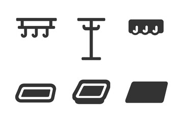 Set of simple black and white household hooks and trays icons.