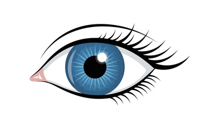 A blue eye with black eyelashes and eyebrow
