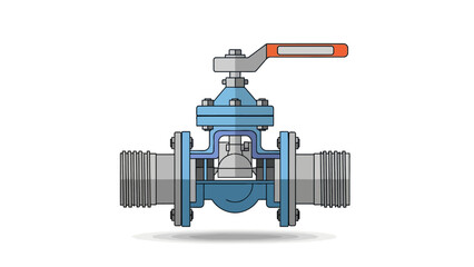 A blue industrial valve with a red and gray handle
