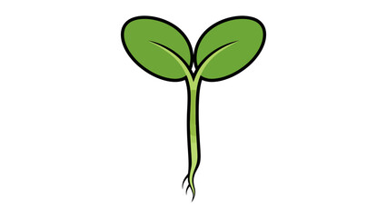A cartoon drawing of a green seedling with two leaves and roots