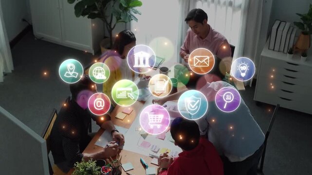 A diverse team collaborates in a modern office space, discussing marketing and finance strategies with digital icons illustrating various concepts and tools. Raster - Powered by Adobe
