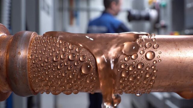 Water Condensation Forming and Dripping on a Copper Pipe in an Industrial Setting.