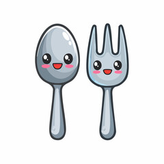 Adorable cartoon fork and spoon pair, perfect for adding a touch of whimsy to your project or design with cute smiling faces and charming character