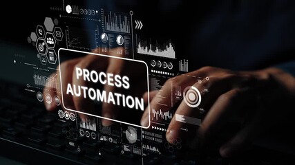 Hands typing on keyboard with digital overlay highlighting process automation, data analysis, and technology trends in a modern workspace. Asymptotic smart data analytic. - Powered by Adobe