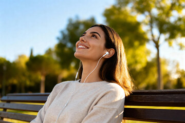 Woman enjoying peaceful moment with earphones in park