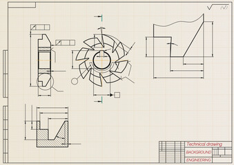 Mechanical engineering drawings on light background. Cutting tools, milling cutter. Technical Design. Cover. Blueprint. Horizontal seamless pattern. Vector illustration.
