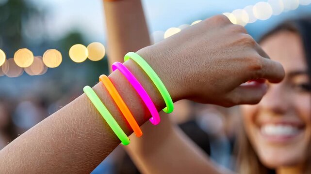 Colorful glow bracelets in vibrant festival atmosphere with joyful movement