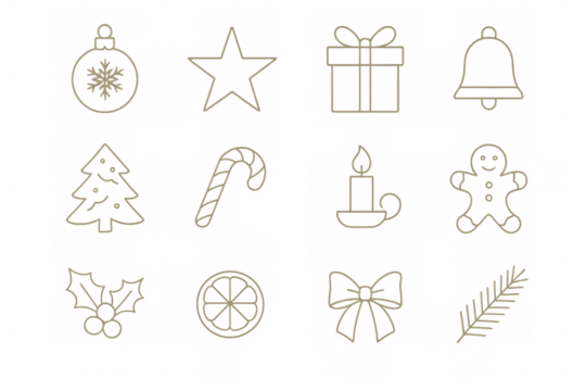 Christmas holiday outlines vector set featuring festive ornaments, star, gift, bell, tree, candy, candle, gingerbread man - Powered by Adobe