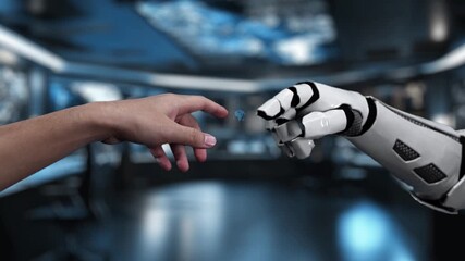 This video depicts a close interaction between a human hand and a robotic arm, symbolizing the evolving relationship and collaboration between technology and workforce in modern society. Auvana - Powered by Adobe
