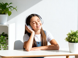 Young girl enjoying music with headphones indoors