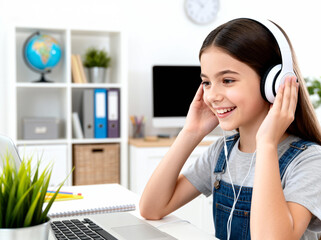 Young girl wearing headphones using laptop for online learning