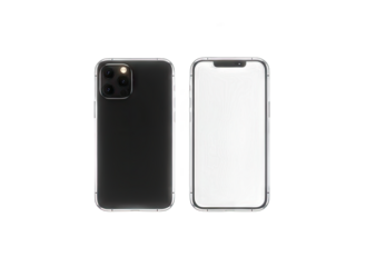 Front and Back View of a Sleek Black Smartphone with a White Screen Display on a Transparent Background Ideal for Mockups and Design Presentations
