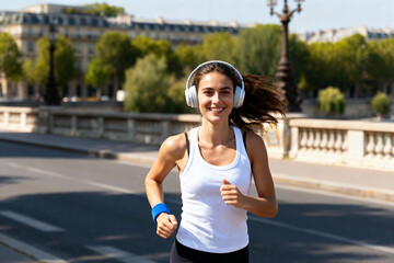 Young woman wearing headphones jogging in an outdoor urban area