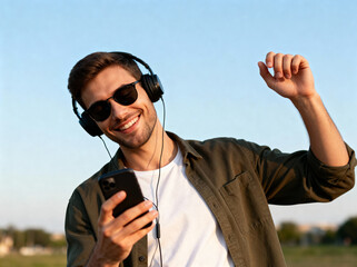 Young man enjoying music with headphones and smartphone outdoors