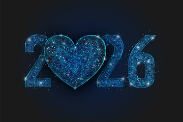 Abstract isolated blue image of new year number 2026. Polygonal low poly wireframe illustration looks like stars in the black night sky in space or flying glass shards. Digital web, internet design.