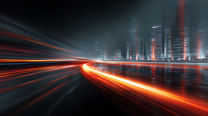 vector red light line with futuristic motion effect and abstract automobile blur, glowing trail and beam streak in city design, dynamic disco background for speed illustration and night road.