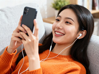 Young woman relaxing at home with earphones and smartphone