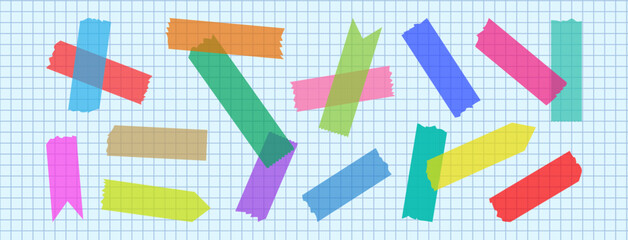 Paper tape, masking sticker, adhesive washi collage. Craft scrapbook sticky. Color stripe scotch on sheet notebook bg. Transparent torn set on checkered background. Vector illustration