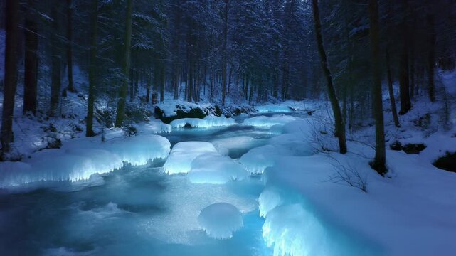 Winter Wonderland Frozen River, Ice, Snow, Forest Landscape