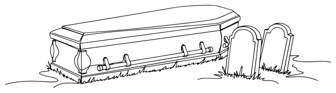Continuous one line drawing of a coffin and gravestones in a spooky cemetery. Halloween vector illustration.