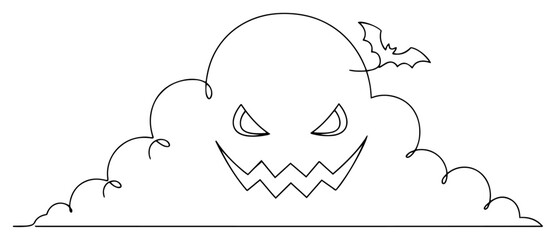Spooky Halloween bush with jack o lantern face and bat continuous one line drawing. Scary monster character vector.
