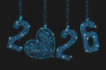 Abstract isolated blue image of new year number 2026. Polygonal low poly wireframe illustration looks like stars in the black night sky in space or flying glass shards. Digital web, internet design.