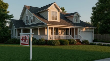 Real estate sign with blank space in front of house for sale in nice suburban neighborhood
