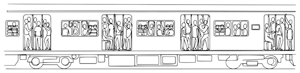 Crowded commuter train with passengers in doors minimalist line art vector illustration