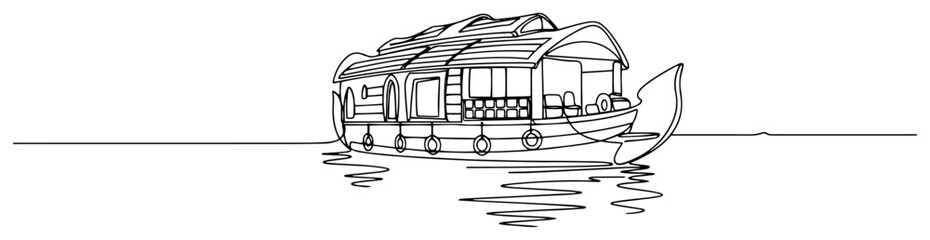 Traditional Kerala houseboat on calm backwaters minimalist line art vector illustration © Wieslaw