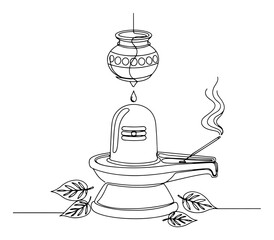 Shiva Lingam Puja continuous one line drawing. Hindu ritual of Abhishekam water offering to Lord Shiva. Vector illustration.