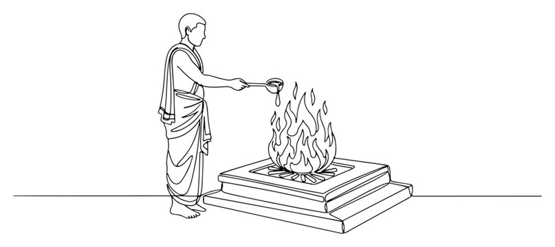 Hindu priest performing Homa fire ritual continuous one line drawing. Yajna a Vedic ceremony of offering. Vector illustration.