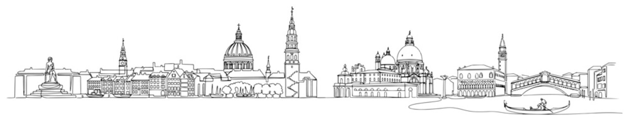 Venice skyline panorama with domes campanile bridge and gondola minimalist line art vector illustration © Wieslaw