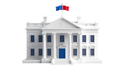 Isolated, white, neoclassical building with blue doors, red/blue flags on top, steps, columns, windows, against black