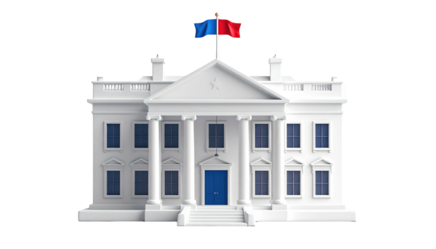 Isolated, white, neoclassical building with blue doors, red/blue flags on top, steps, columns, windows, against black