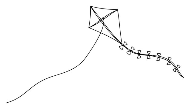 Flying kite with a tail continuous one line drawing. Childhood toy and outdoor activity vector concept.
