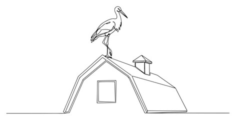 White stork standing on house roof gable minimalist line art vector illustration