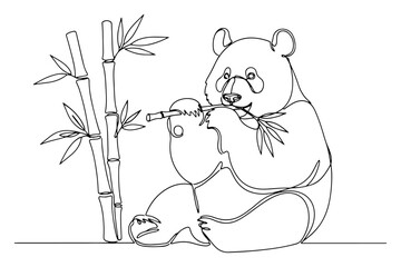 Naklejka premium Cute panda bear eating bamboo shoots minimalist line art vector illustration