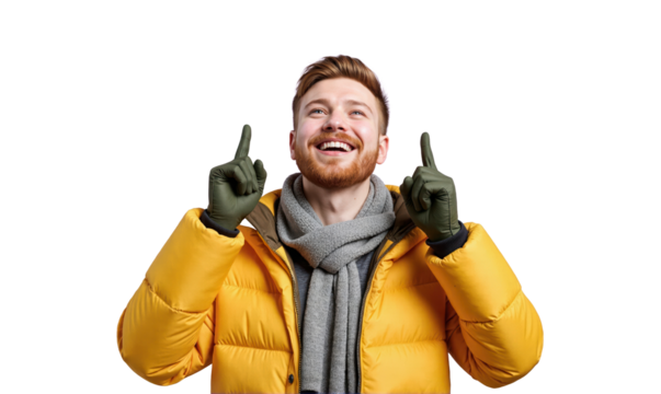 A Cheerful Revelation: A person, wrapped in a winter coat, beams with joyous anticipation. They point skyward, a gesture of discovery. The scene embodies winter, glee, and a bright outlook.