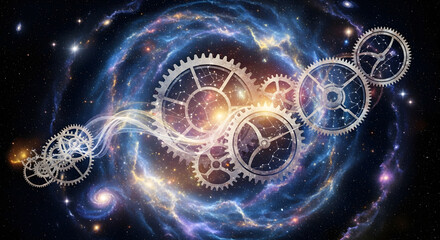 Intricate interconnected gears rotating within a vibrant cosmic nebula, symbolizing innovation, progress, and the timeless machinery of the universe, perfect for technology concepts