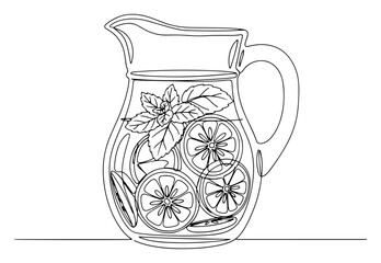 Jug of fresh lemonade with lemon slices and mint continuous one line drawing. Summer refreshing drink vector illustration.