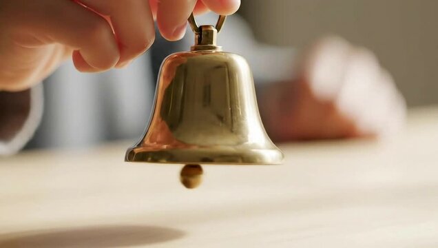 Hand Ringing a Classic Brass Service Bell on a Wooden Desk in Closeup