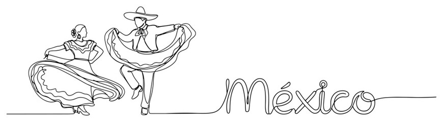 Mexican folkloric dancers with mexico lettering continuous line art vector illustration