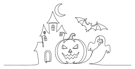 Halloween holiday continuous one line drawing. Spooky scene with haunted house jackolantern ghost and bat. Vector illustration.