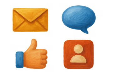 Social media icons communicating, messaging, liking, and connecting online with an oil painting style on transparent background