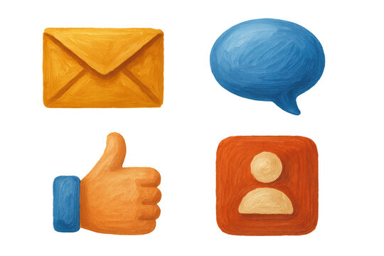 Social media icons communicating, messaging, liking, and connecting online with an oil painting style on transparent background - Powered by Adobe
