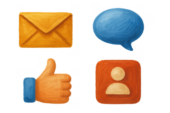 Social media icons communicating, messaging, liking, and connecting online with an oil painting style on transparent background - Powered by Adobe