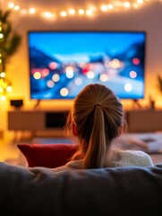 Woman relaxing at home watching TV in evening